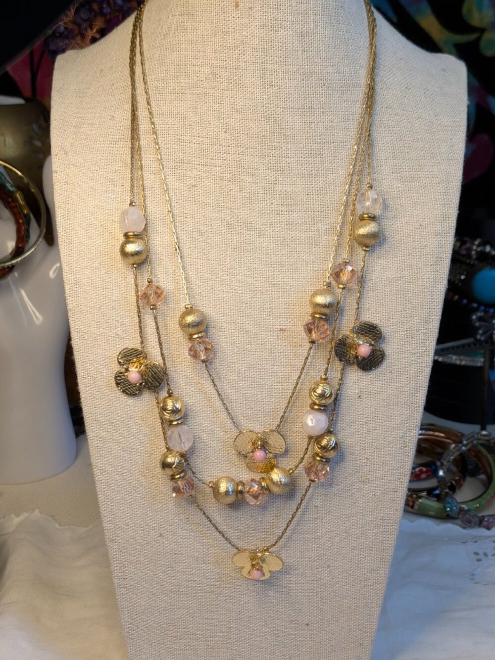Vintage NY & Company 3 Tier Gold Tone Pink Beaded Floral Statement Necklace